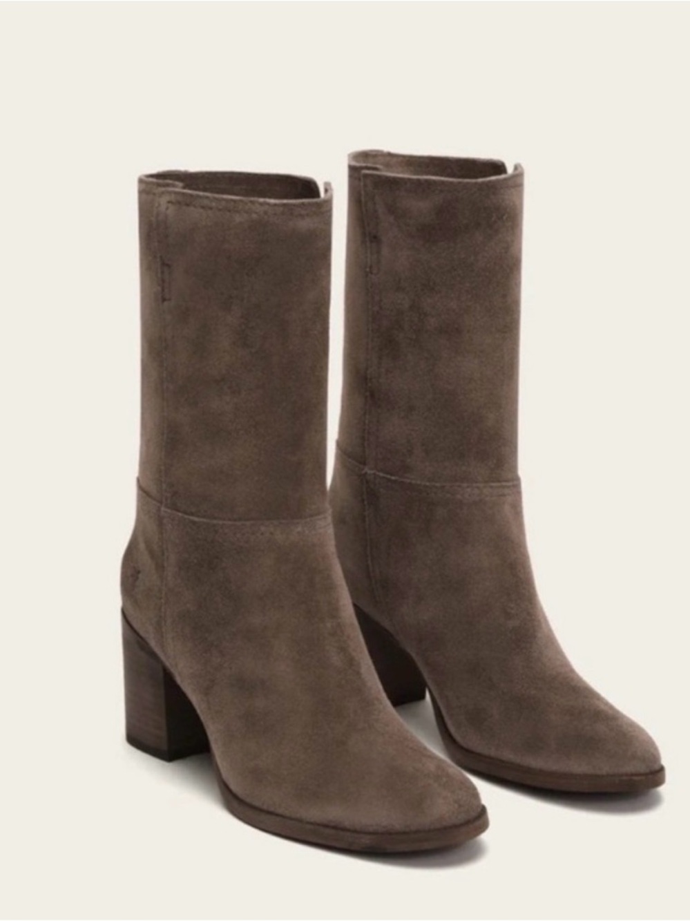 Frye Taupe Suede Mid-Calf Block Heel Boots